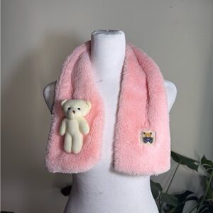 Pink Faux Fur Scarf with Teddy Bear Accent